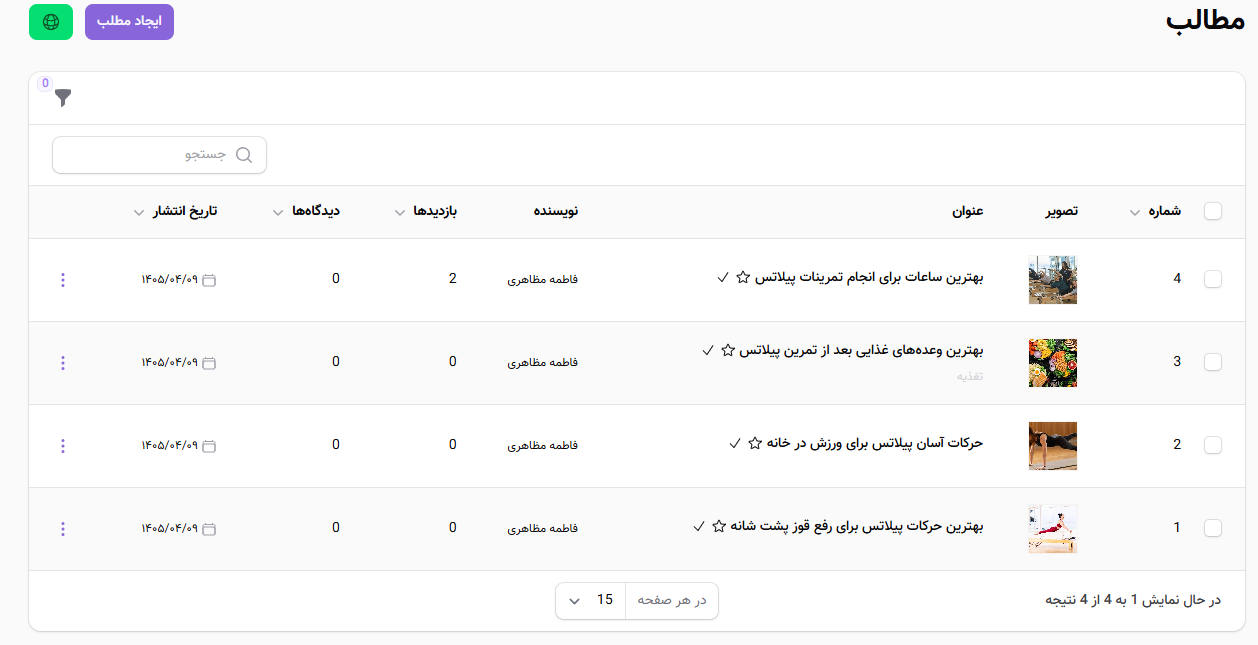 لیست مدیریت مطالب بلاگ