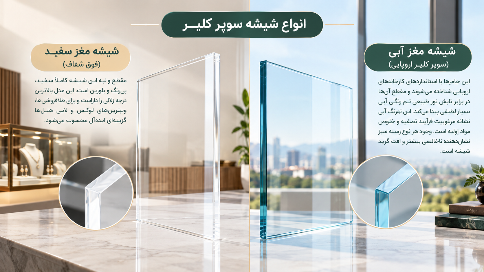 انواع شیشه سوپرکلییر(مغز سفید و مغز آبی)